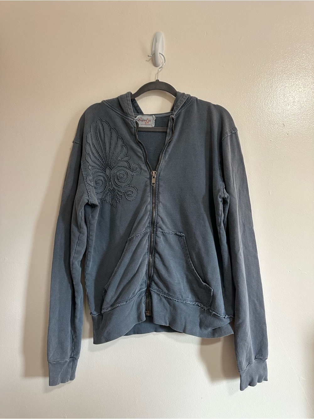 Gypsy 05 Dusty Blue Zip Hoodie Sweatshirt with Fleur de Lis Detail, Size XL